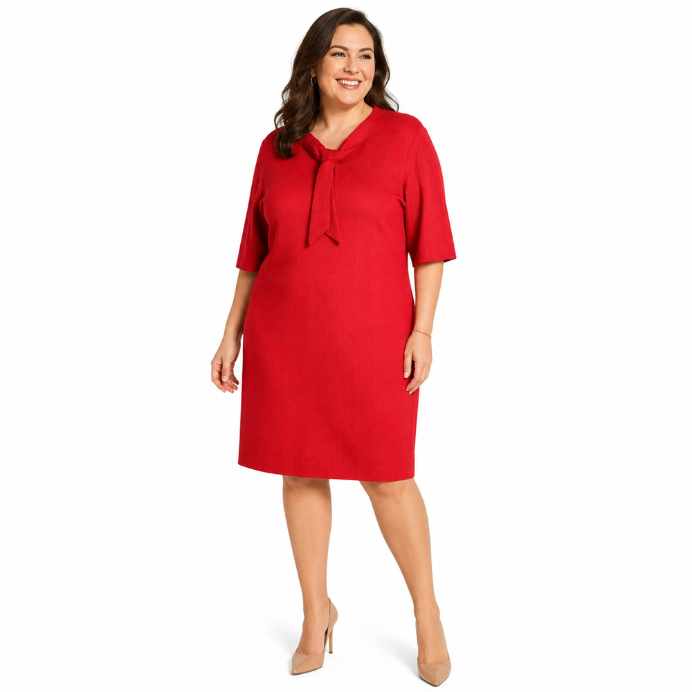 Misook Knit Dress Red Elbow Sleeve Neck Tie textured Knee Length Sheath XL